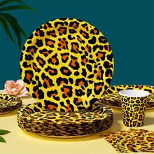 25件套豹纹一次性餐具套装，包括盘子、餐巾纸、杯子，适合生日、婚礼、派对、家庭野餐等场合。 - 彩色 - 查看 3