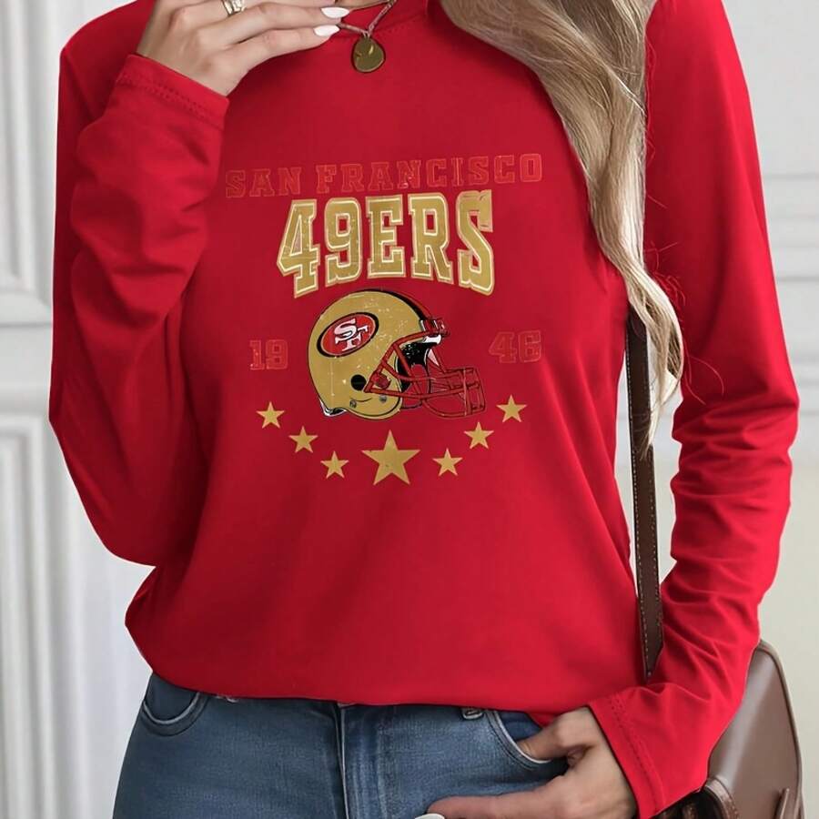 Red Long - Sleeve Top With San Francisco 49ers Logo, Bold Yellow Text "SAN FRANCISCO" Above "49ERS", Yellow & Red Football Helmet With Golden Stars, "19" & "45" - Perfect For Fans Of San Francisco 49ersMoisture Wicking Long Sleeve T-Shirt Breathable Quick Dry Athletic Top For Gym - 紅色 - 查看 1