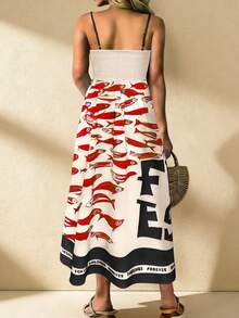 Đầm không tay phong cách Bohemian dành cho nữ, kiểu dáng thường ngày thanh lịch, phối màu tương phản, in chữ tiếng Anh và hình cá, thích hợp cho kỳ nghỉ xuân/hè. - màu đen - Xem 3