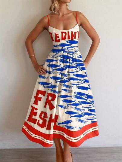 IGKEEL Bohemian Style Women's Casual Elegant Vacation Contrast Color English Letter Latin Fish Print Sleeveless Dress, Spring/Summer Party