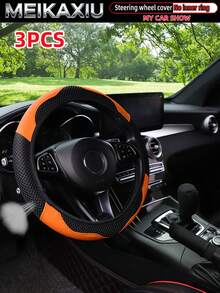 MEIKAXIU 3pcs/Set Mesh & PU Leather Patchwork Steering Wheel Cover, Handbrake Cover, Gear Shift Knob Cover Fit For 14.5-15 Inch Cars Decoration Accessories - Mesh Leather Sport - View 22