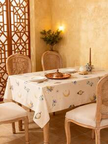 1pc Elegant Beige Rectangular Tablecloth, Featuring Colorful Lanterns, Floral Patterns And Golden Moon Design, Machine Washable, Suitable For Dining Table, Coffee Table, Kitchen, Dining Room, Living Room, Parties, Celebrations, Festivals, Gifts - Multicolor - View 15