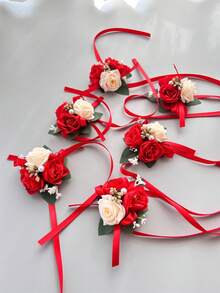 1pc/6pcs Artificial Silk Rose Flower Bride Wrist Corsage Bridesmaid Sister Women Hand Flowerwedding Flowers Cup Gift Table Party Deocration - Red - View 5