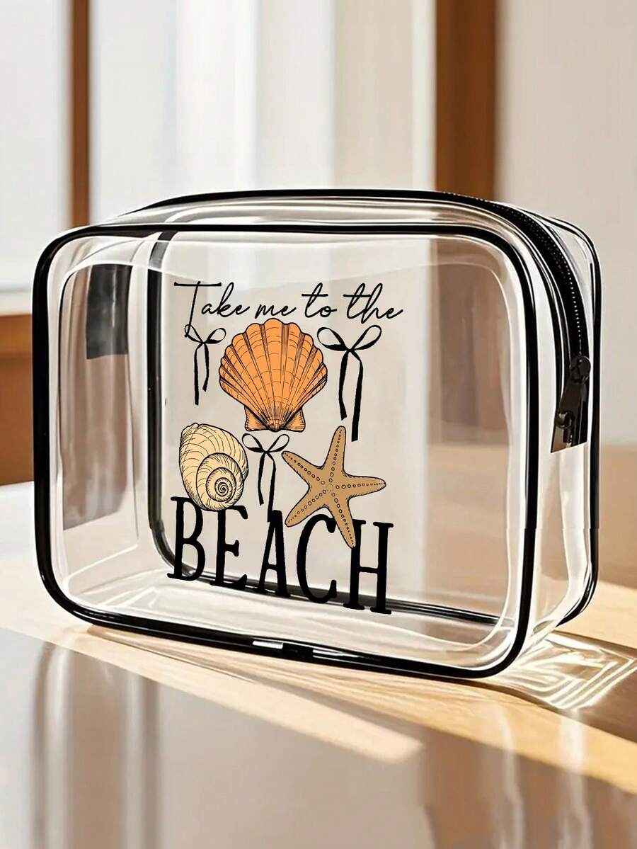 Túi đi biển chống thấm nước bằng PVC in chữ "Take Me To The Beach" với họa tiết vỏ sò và sao biển, túi đựng mỹ phẩm PVC, túi đựng đồ du lịch PVC có khóa kéo - Túi đựng đồ trang điểm và đồ dùng vệ sinh cá nhân nhẹ, chống phai màu, phù hợp cho cả nam và nữ, hộp đựng mỹ phẩm xách tay được TSA chấp thuận, thiết kế dễ lau chùi, lý tưởng cho các bà mẹ, giáo viên, bạn bè, y tá, túi đựng đồ dùng vệ sinh cá nhân cần thiết cho trường học và kỳ nghỉ, quà tặng Ngày của Mẹ, vật dụng cần thiết cho mùa hè. - Nhiều màu - Xem 1