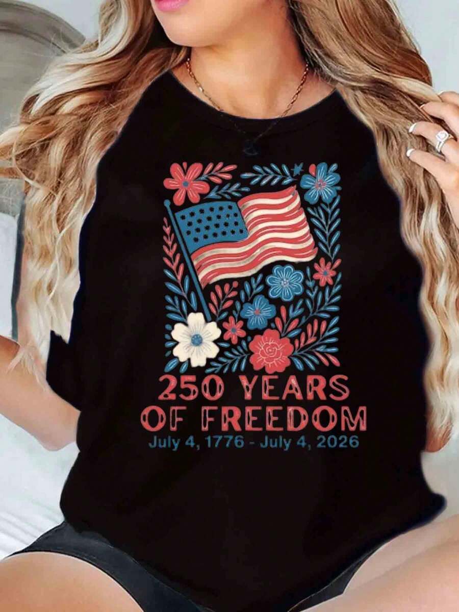 Floral American Flag And 250 Years Of Freedom Print Women T Shirt Round Neck Casual Independence Day Celebration Gift 220g - 黑色 - 查看 1