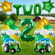 26件套拖拉机主题生日派对用品，包含数字气球、乳胶气球、星星气球和拖拉机图案气球，适合绿色拖拉机主题派对 - 彩色 - 查看 5