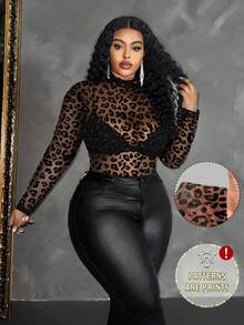 Curvy Grace Elegant Chic Casual Leopard Ombre Polka Dot Allover Print Mesh Fabric Sexy Clubwear Blouse, Suitable For Beach, Night Out, Holiday, School, Office, Daily, Party, Festival - Coffee Brown - View 1