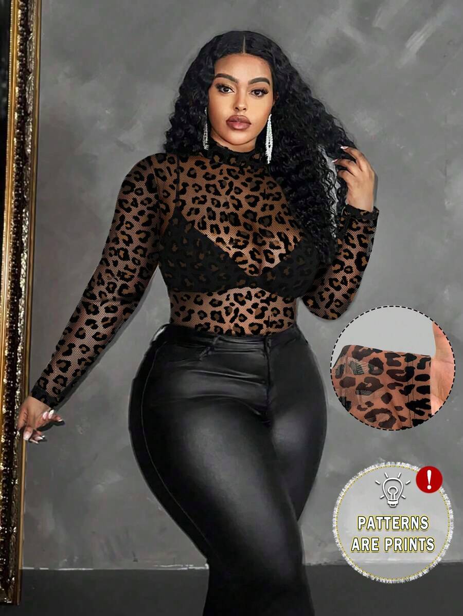 Curvy Grace Elegant Chic Casual Leopard Ombre Polka Dot Allover Print Mesh Fabric Sexy Clubwear Blouse, Suitable For Beach, Night Out, Holiday, School, Office, Daily, Party, Festival - Coffee Brown - View 1