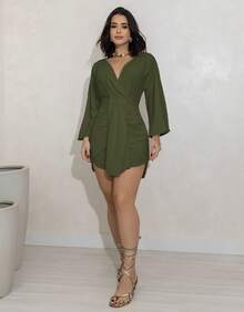 Swisz Women's Short Loose Formal Dress With Flare Sleeves - Dori - Verde militar - Ver 5