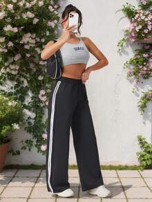 高腰修身瑜伽裤，带口袋，休闲直筒运动舞蹈裤，女款 - 黑色 - 查看 6