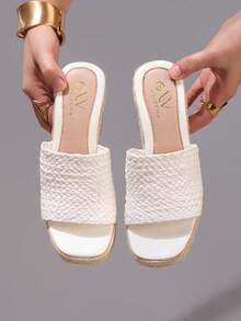 麻绳坡跟凉鞋，露趾绑带，夏季度假休闲高跟防水一脚蹬拖鞋，日常时尚女鞋 - 白色 - 查看 6