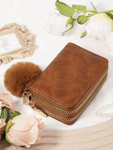 Decorative Plush Ball Pendant, Brown Letter Pattern Multi-Card Slot Wallet With Zipper Coin Pouch - Multifunctional RFID Blocking Card Holder For School, Dorm, Travel And Daily Use - Brown - View 5