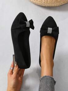 女士时尚水晶蝴蝶结鞋，新款英伦风尖头蝴蝶结装饰鞋，绒面革休闲乐福鞋，低帮鞋，工作鞋 - 黑色 - 查看 3