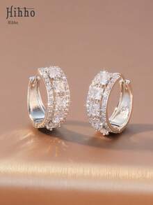 2pcs Luxury Sparkling Zirconia Geometric Design Earrings, Elegant & Fashionable, Suitable For Daily Wear - Earrings Set - View 4