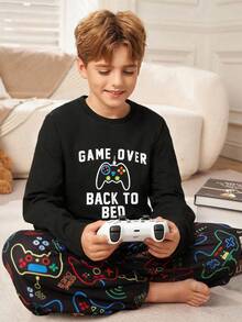 男童圆领长袖长裤睡衣套装，印有游戏手柄图案，适合所有季节的家居服 - 黑色 - 查看 3