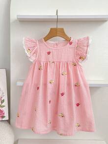 Vestido de niña con flores bordadas, vestido de princesa de manga corta, para verano - Rosa - Ver 2