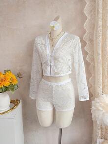 Onefish 女士夏季V领修身长袖蕾丝网纱泳衣罩衫，夏季海滩度假，性感海滩派对休闲装，女士泳装，沙滩装，女士度假装，情人节装，夏季装，女士情人节装，连衣裙罩衫，女士罩衫，泳装罩衫，泳衣罩衫，女士度假装，女士泳衣，女士两件套，女士泳装罩衫。白色 - 白色 - 查看 3