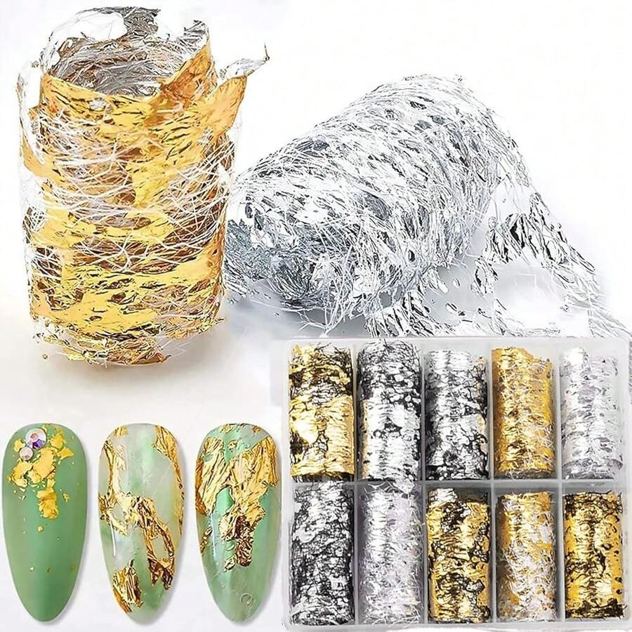 Nail Foils Nail Art 10 Rolls Mesh Net Line Style Nail Foils Nail Art Supplies 3D Line Nail Foil Glitter Starry Sky Foil Decals Nail Art Accessories Manicure Tips Nail Foil For Acrylic Nails - SallyNet - 查看 1
