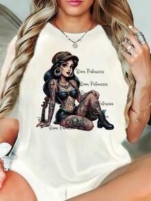 For  Dark Princess Gothic Graphic Women's Crew-Neck T-Shirt - Edgy Tattoo & Chain Design, Casual Short Sleeve Tee For Spring Summer Fall, Machine Washable Versatile Top, Perfect Gift For  Fans,  Shirt, Seasonal Fashion, Floral Print Shirt, Portable Clothing - 黑色 - 查看 7