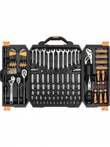 46件套铬钒钢工具组，含1/4英寸驱动棘轮扳手、公制套筒、螺丝刀头、快拆机构 - 专业手动工具套装，适用于汽车维修和DIY，无需组装，非电动，带工具箱 - 彩色 - 查看 1