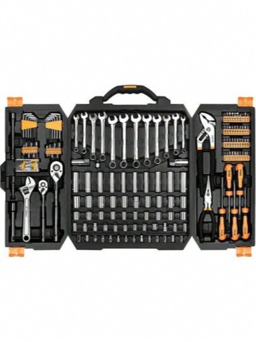 46件套铬钒钢工具组，含1/4英寸驱动棘轮扳手、公制套筒、螺丝刀头、快拆机构 - 专业手动工具套装，适用于汽车维修和DIY，无需组装，非电动，带工具箱 - 彩色 - 查看 1