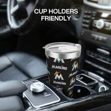 304 Stainless Steel Double Silver Edge Vacuum Insulated Drum 340g - Reusable Travel Cup With Stainless Steel Straw - This Is A Stainless Steel Water Cup About The Miami Baseball Marlins  Theme - Leak Proof, Sweat Proof, Can Maintain Hot And Cold Temperatures For Hours, Frees Of Bisphenol A, Suitable For Car Cup Holders, Very Suitable For Match Days, Sports Events, Commuting, Office Rest And Outdoor Activities, Durable Double Wall Structure Fashionable Fan Gift - Silver - View 7