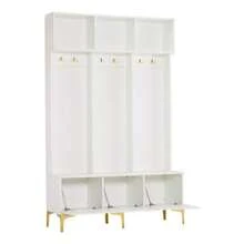 Wardrobe Set With Bench, Multifunctional Storage Bench, Open Storage, 6 Hooks And Gold Legs, Suitable For An Entryway Or Living Room, White, W 120/D 40/H 191.5 Cm - 白色 - 查看 7