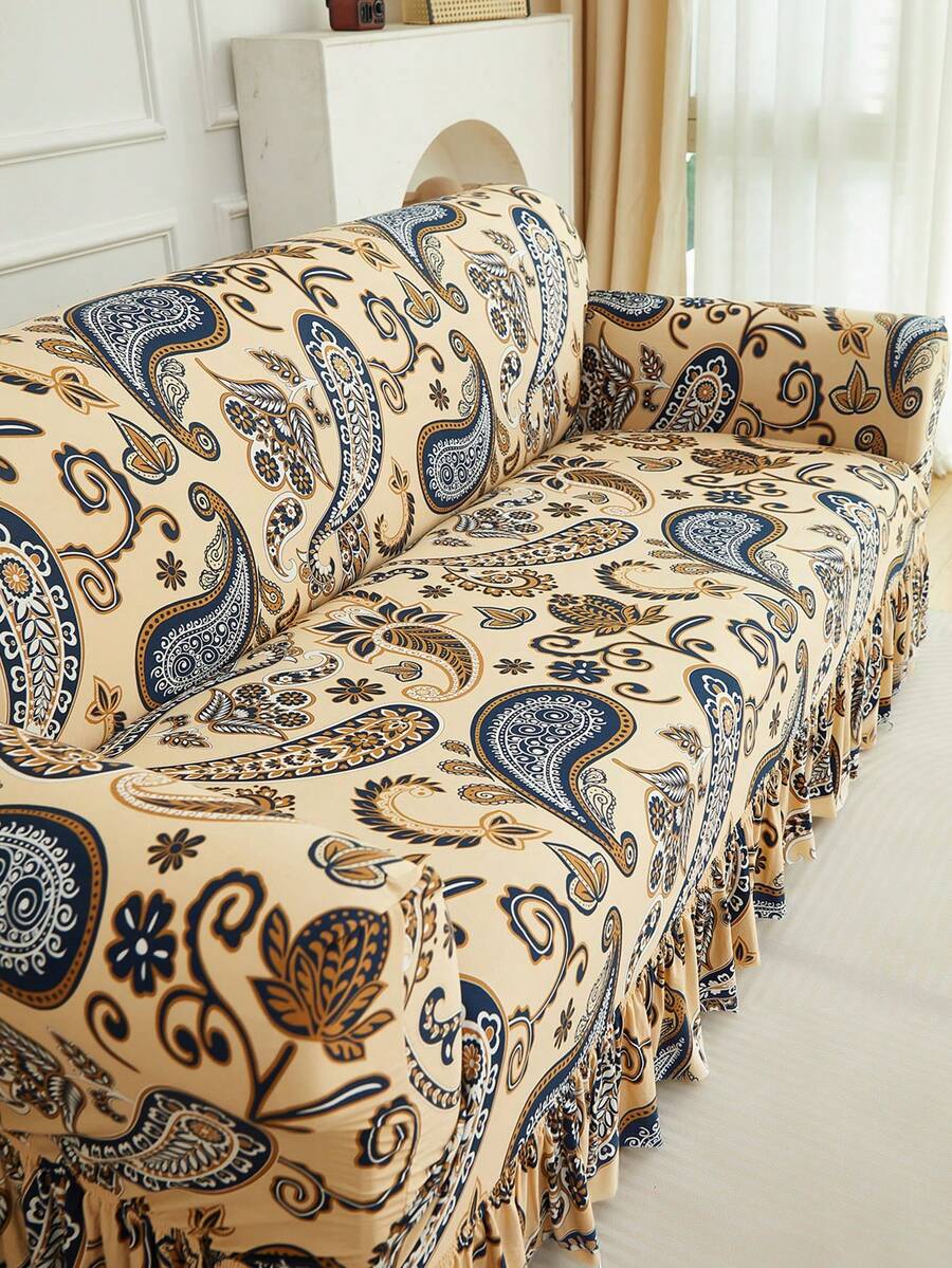 1pc Printed Ruffled Elastic Sofa Cover, Dust-Proof And Dirt-Resistant, Stretch-To-Fit Full Coverage Sofa Protector, Home Decor, Machine Washable - Multicolor - View 1