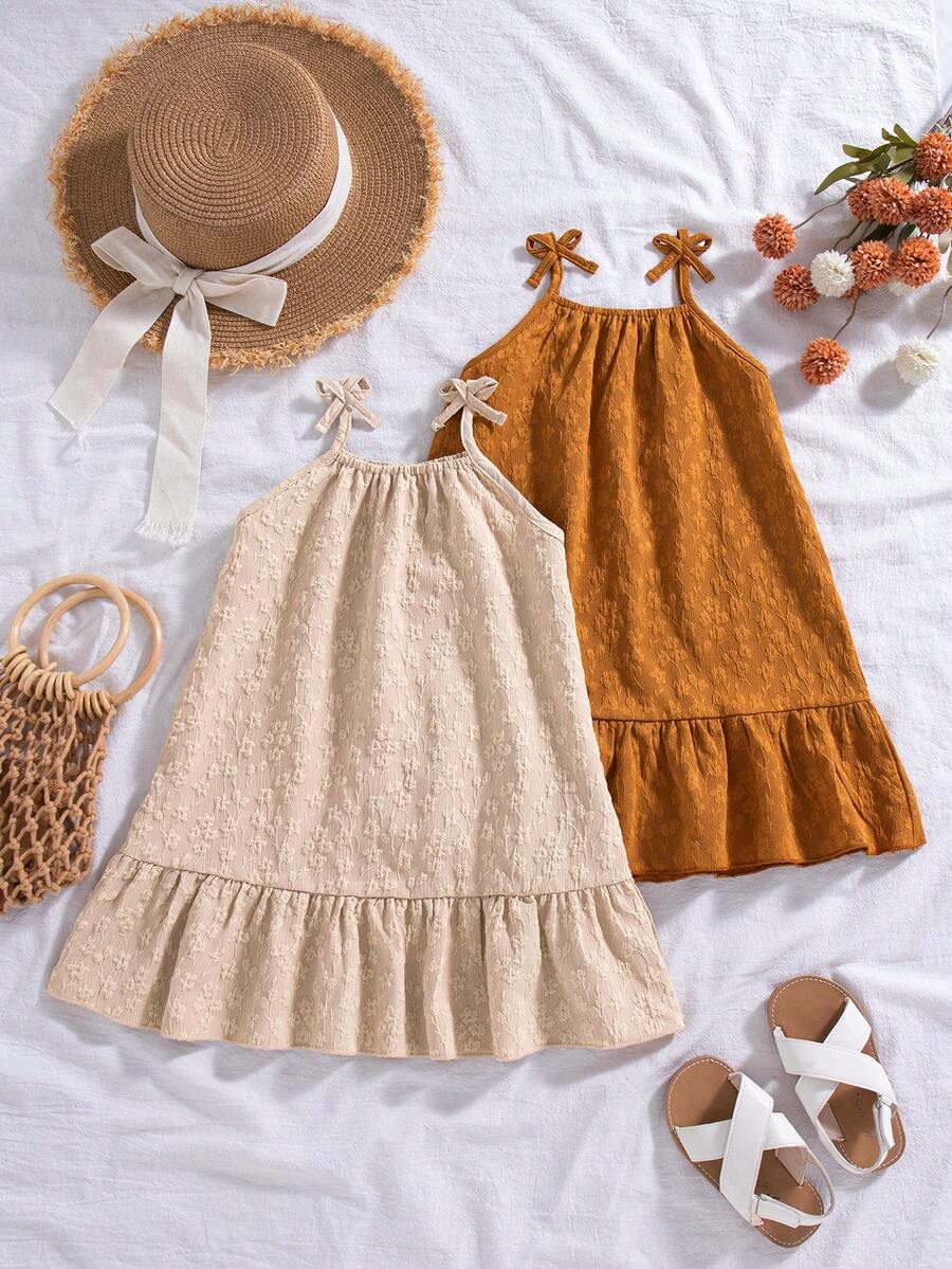 2pcs/Set Girls Casual Solid Color Sleeveless Bow Decor Knee-Length Dress, Fashionable Everyday Wear, Spring/Summer - Multicolor - View 1