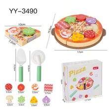 儿童木制披萨DIY切割玩具套装，适合男孩女孩角色扮演，儿童节和生日礼物 - 彩色 - 查看 3