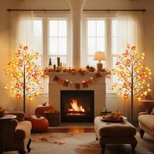 FORUP - Paquete de 2 árboles de arce con iluminación LED árbol artificial iluminado de 5 pies para Acción de Gracias cosecha otoño festivales Halloween decoración de fiesta en el hogar - Naranja - Ver 7