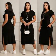 Premium Midi Dress With Side Slit – Elegance & Comfort - 黑色 - 查看 3