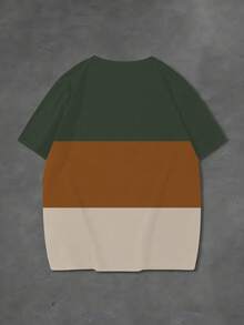 Camiseta de hombre talla grande con estampado a cuadros y contraste, de tela de punto de poliéster, cuello redondo, ajuste casual, diseño gráfico novedoso - Caqui - Ver 3