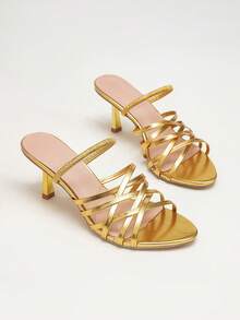女士时尚金色PU皮革细高跟凉鞋，简约优雅，适合婚礼、派对、春夏旅行和度假穿着。 - 金色 - 查看 2