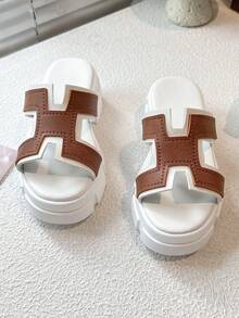 Genuine Leather H-Strap Platform Slides​ - Two-Tone Brown & White - Brown - View 1