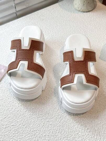 Genuine Leather H-Strap Platform Slides​ - Two-Tone Brown & White
