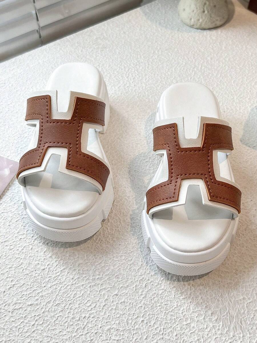 Genuine Leather H-Strap Platform Slides​ - Two-Tone Brown & White - Brown - View 1