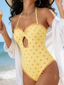 Women's Halter Neck Monokini Swimsuits Fashionable Dot Print Sleeveless Ruffle Bathing Suit - Pale Yellow - View 2