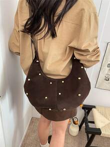 Women's Retro Minimalist Large Capacity Crescent Shoulder Tote Bag, Versatile For Daily Outing, Casual And Commuting - Coffee - View 9