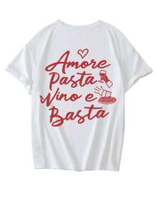Playera Mujer Amplia Estampado Gráfico Primavera Verano, Nueva Moda Minimalista, Estampado de Letras de Vino y Pasta Italiana, Camiseta Casual de Manga Corta con Cuello Redondo, Top Versátil y Elegante para Mujer, Negro - Blanco - Ver 2