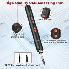 HX8 焊接套件，ILIBILIB 5V2A USB 接口 8W 可调温电烙铁 300-420°C，内置电池可无线操作 30 分钟，快速加热智能焊接套件，适用于 DIY 电子产品，智能睡眠模式，包含 2 个可更换焊嘴和 USB-C 充电线。 - 黑色 - 查看 2