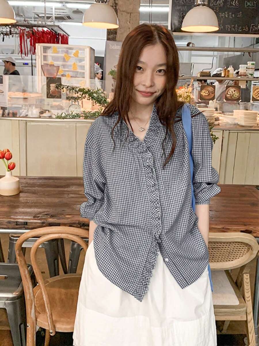 春夏黑色复古蕾丝格纹V领女式衬衫，荷叶边设计，休闲长袖修身衬衫 - 黑色 - 查看 1