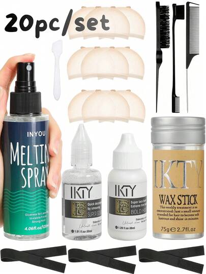 20件套蕾丝假发造型工具套装，包含蕾丝胶水、蕾丝胶水去除剂、蜡棒和熔化喷雾 - 假发、发际线和婴儿发固定套装