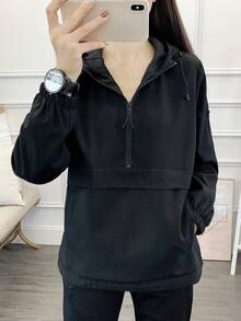 防风防水宽松纯色休闲半拉链时尚修身登山户外徒步夹克运动服 - 黑色 - 查看 2