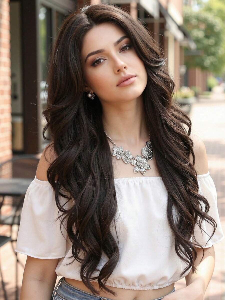 [1pc Curly Wave High-Temperature Fiber Wig] 1pc Elegant Curly Wave High-Temperature Fiber Wig For Women, 150% Density Rose Net Cap, Fashion Matte Finish Cosplay Style, No Lace Full Wig - Dark Brown - View 1