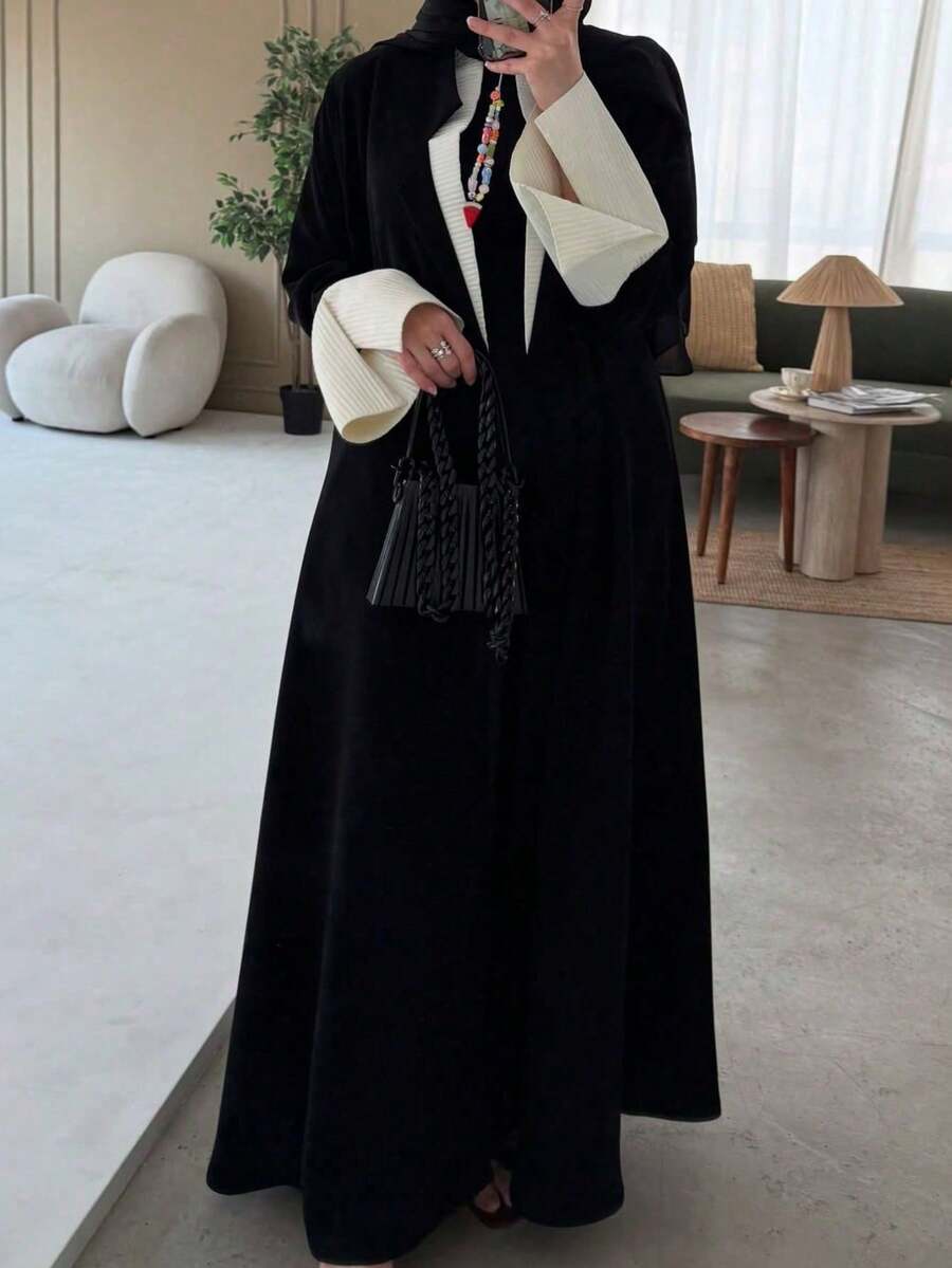 1 Áo khoác Abaya nữ màu trắng thanh lịch, phối tay, kiểu dáng thời trang retro Ả Rập, áo cardigan sang trọng, kiểu dáng mở phía trước, phù hợp cho các buổi tụ họp hàng ngày, lễ hội và du lịch. - màu đen - Xem 1