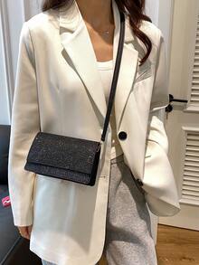 Fashionable Shiny Small Crossbody Bag For Women, Minimalist Sequin Square Shoulder Bag - Black - View 6