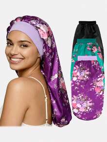 3件装女士多色长发睡眠帽，仿丝弹力头巾，美发护理头饰