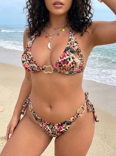 Sultry Sol 两件套加大码性感豹纹吊带系带比基尼套装，适合海滩和泳池，夏季度假，泳衣胸垫可拆卸，女士夏季连衣裙，女士夏季服装，假日，半身裙，伊比沙岛套装，女士泳装，比基尼套装，女士泳衣，女士沙滩装，度假套装，沙滩裙，女士比基尼套装，泳装，豹纹