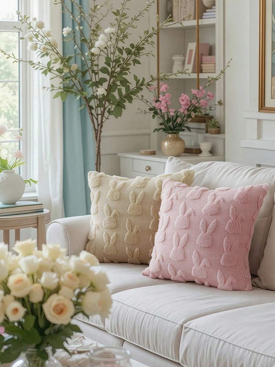 1 pieza/2 piezas Funda de cojín decorativa suave y esponjosa con diseño de conejo blanco, adecuada para dormitorio, mesita de noche, sofá, decoración de Pascua